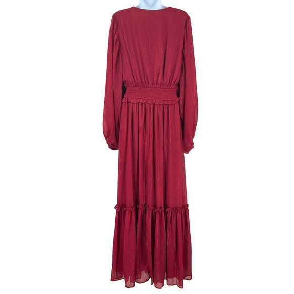 Maxi Dress Women XL Red Metallic Boho Tiered Smocked Ethereal Flowy Cottagecore - Picture 2 of 15